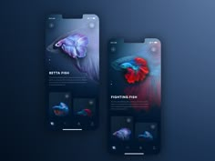 two iphone screens showing different types of fish in the dark blue background, one with an image of a betta fish on it