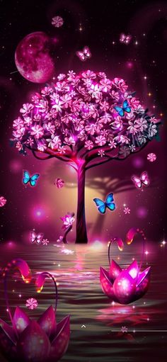 a tree with pink flowers and butterflies in the night sky