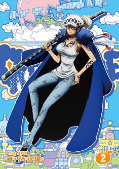 an anime character holding a baseball bat in front of a blue sky with clouds and buildings