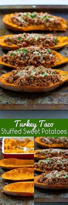 two pictures of stuffed sweet potatoes with turkey taco sauce