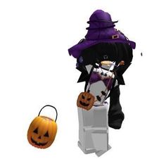 a cartoon character dressed as a witch next to a trick bag with a pumpkin on it