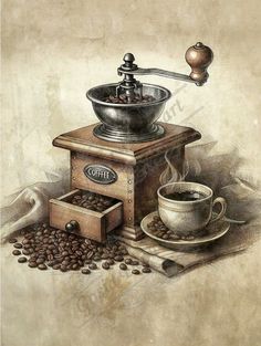 an old coffee grinder and cup on a table with coffee beans around the bowl