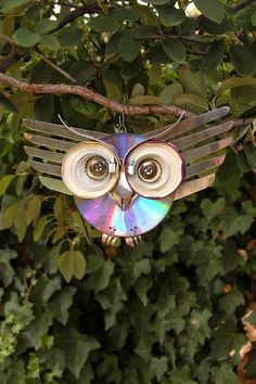 an owl ornament hanging on a tree branch with its eyes open and two discs in the center