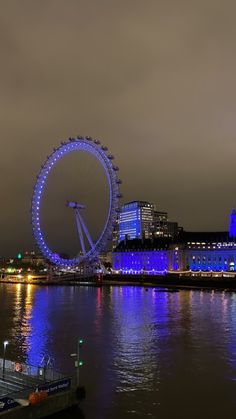 the ferris wheel is lit up in blue and purple lights on the water's edge