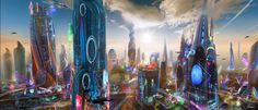 futuristic cityscape with colorful lights and skyscrapers