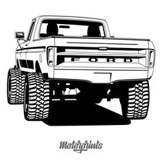 a black and white drawing of the front end of a monster truck with big tires