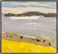 an abstract painting with yellow grass and water in the background