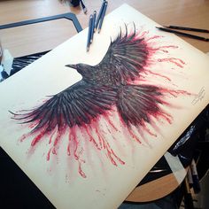 a drawing of a bird with blood on it