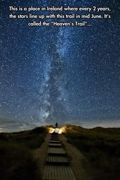 an image of the night sky with stars and milky in the background, as well as some steps leading up to it