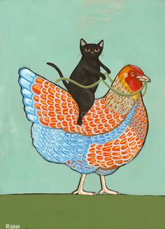 a painting of a cat on top of a chicken with a black cat sitting on it's back