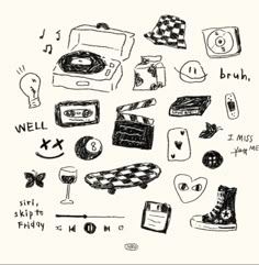 an ink drawing of various items on a white background