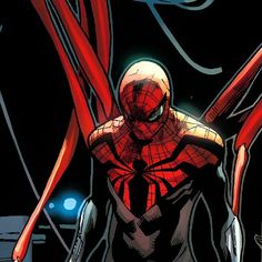 a spider - man standing in the dark with his arms crossed and holding two red swords