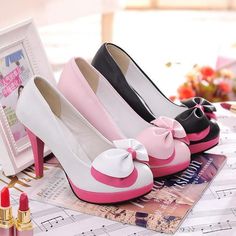 Cute Bow Heels For Spring, Trendy Pink Heels With Bow, Cute Pink Party Heels, Cute High Heel Party Heels, Cute High Heel Party Shoes, Cute Heels With Bow And Round Toe, Cute Bow Heels With Round Toe, Synthetic Round Toe Heels With Bow, Cute Closed Toe Heels With Bow