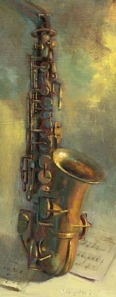 a painting of a saxophone resting on top of sheet music