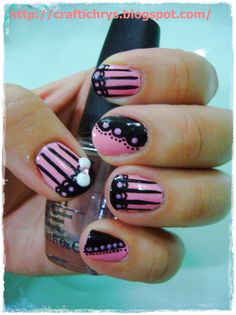 Pink & Black Nail Art Nails Lace, Corset Nails, Rockabilly Nails, Pink Black Nails, Lace Nails, Cherry Nails, Lovely Nails, Black Nail Art, Twinkle Toes