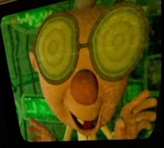 a close up of a cartoon character wearing goggles and holding his hands out to the side