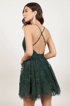 "Get Fancy With It. Wear The Grateful For My Ex Emerald Lace Skater Dress At Your Next Semi-Formal Event. This Formal Skater Dress Features A Sleeveless Construction, Plunging Neckline, Fitted Bodice, Crisscross Back, And A Gorgeous Flared Lace Skirt. Make Those Jaws Drop When You Pair This Plunging Mini Dress With Barely There Heels And An Updo." Quinceanera Dresses Guest, Banquet Attire, Money Dresses, Hoco 2023, Fancy Romper, Graduation Dresses Long, Short Semi Formal Dresses, Grad Dresses Short, White Lace Skater Dress