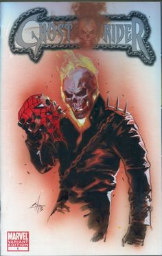 the cover to ghost rider, featuring a skeleton holding a spider - man's head