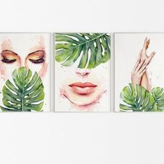 three paintings with green leaves and woman's face