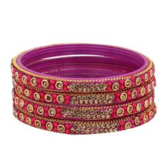 Sukriti Handcrafted Glossy Zircon Crystal Glass Magenta Bangles for Women – Set of 4 Magenta Color