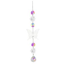 a wind chime hanging from a chain with crystal beads and butterfly decorations on it