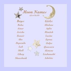 the moon names are written in gold and silver on a light blue background with stars