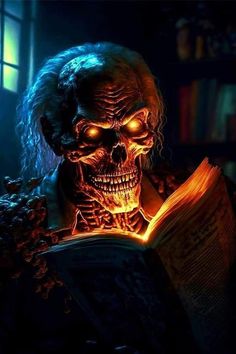 a skeleton reading a book with glowing eyes