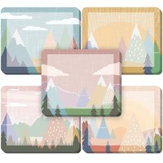 four coasters with mountains and trees on them in pastel colors, set against a white background