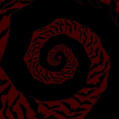 an image of a spiral design in black and red colors on a dark background with leaves