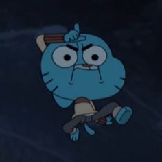 an animated blue bird with big eyes and a baseball bat in his hand, on a dark background