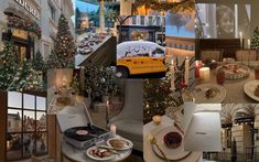 a collage of photos with food and christmas trees in the background, including a yellow car