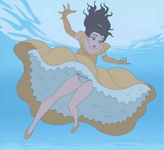 an animated woman floating in the water with her arms outstretched and legs spread out,