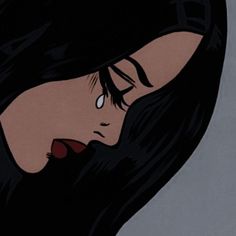 an animated image of a woman with black hair and red lips looking down at her face