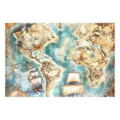 an old world map with ships on it