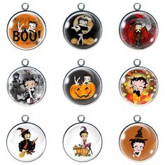 six halloween pendants with cartoon characters on them