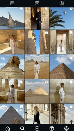 an iphone photo collage with pictures of the pyramids and women in white dresses