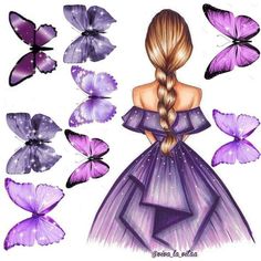 a drawing of a girl in a purple dress surrounded by butterflies