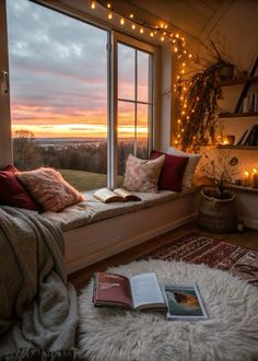 a window seat with a book on it in front of a large window filled with books