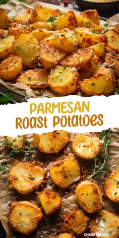 baked parmesan roast potatoes with herbs on top