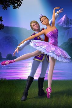 two ballerinas are dancing in the grass