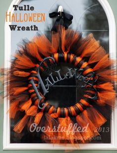 an orange and black tulle halloween wreath