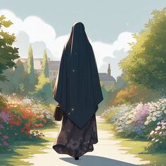 a woman walking down a path in the middle of flowers