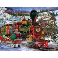 a santa clause is standing next to a train in the snow with his sleigh