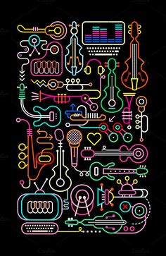 a black background with colorful neon lights and music instruments in the shape of a rectangle