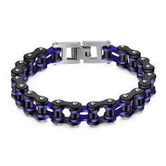 a black and blue chain bracelet on a white background