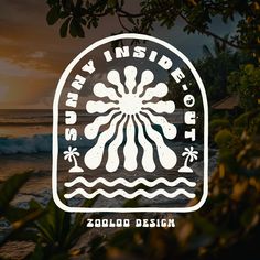 an image of a logo for a surfboard shop with the sun setting in the background