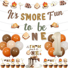 it's smore fun to be one 1st birthday banner with cupcakes and balloons