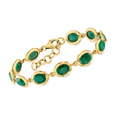 Ross-Simons - 14.00 ct. t. w. Emerald Bracelet in 18kt Gold Over Sterling. 7". This colorful bracelet makes an eye-catching statement for a price you'll adore! A lush lineup of 14.00 ct. t. w. oval emeralds are beautifully contrasted by sunny 18kt yellow gold over sterling silver settings. Includes a 1" extender. Lobster clasp, emerald bracelet. Emerald birthstones are the perfect gift for May birthdays. Emerald Jewelry Gold, Classic Faceted Round Bracelets, Oval Link Gemstone Bracelets For Anniversary, Green And Gold Jewelry, Jewelry Stack, Jewelry Presentation, Bracelet Emerald, Colorful Bracelet, Emerald Birthstone