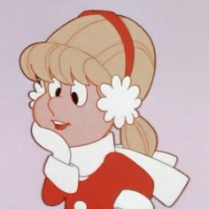 a cartoon girl in red and white dress with her hair pulled back, looking to the side