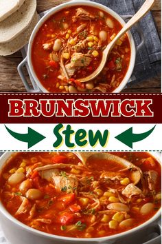 two pictures with different types of stew in them